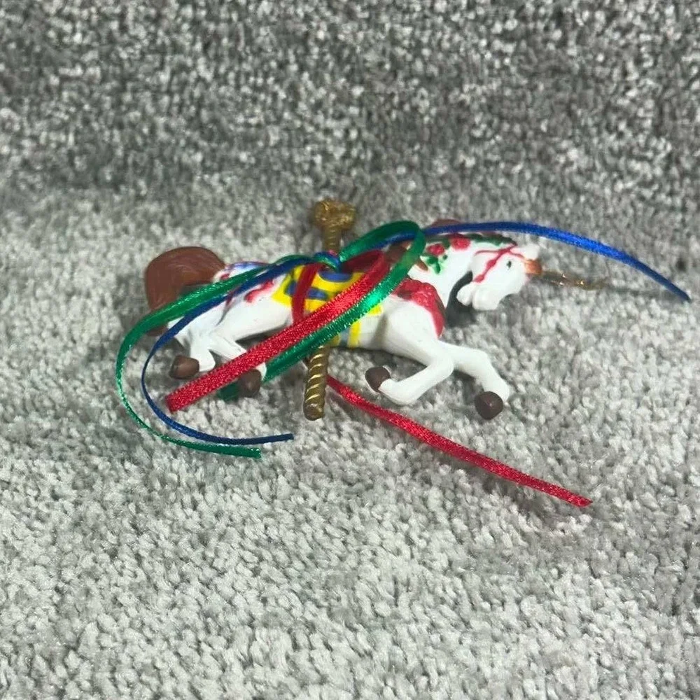 Carousel Horse Ornament White Red Rose Ribbon Vintage Style